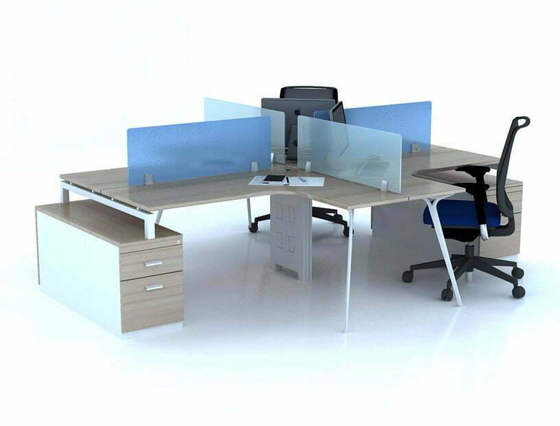 Bàn làm việc 4 chỗ hình chữ X cạnh L chân vuốt 